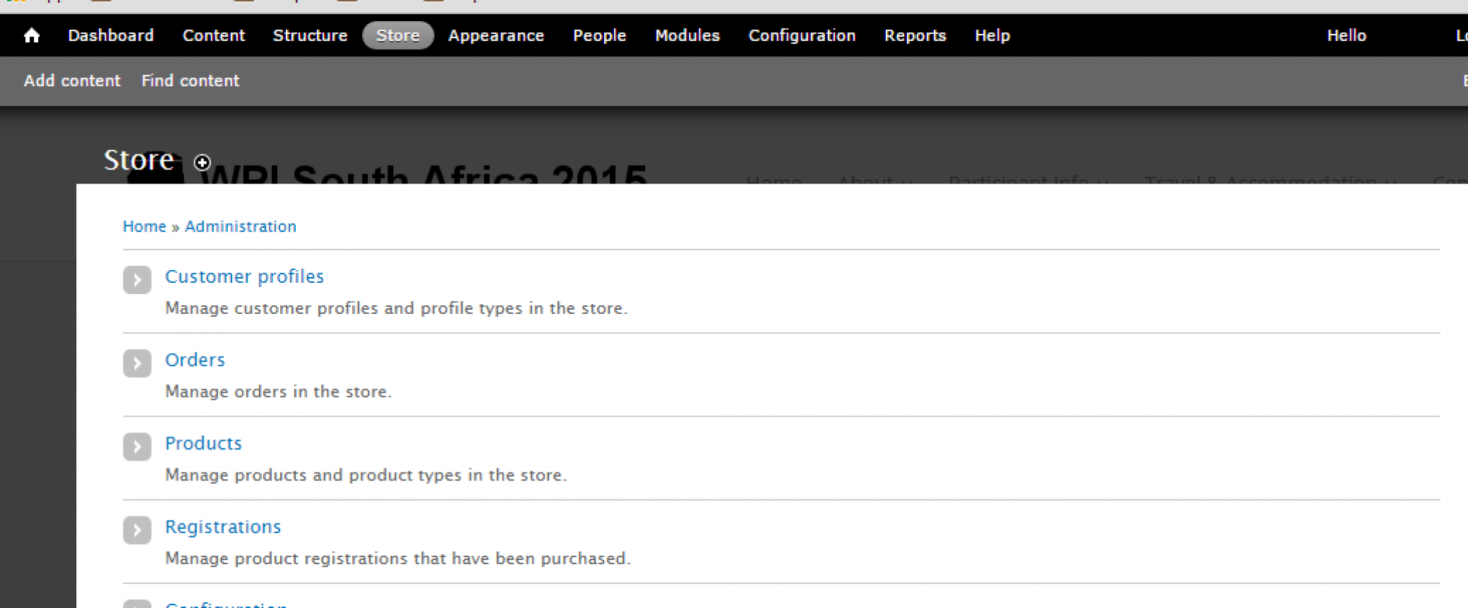 Ecommerce store admin page